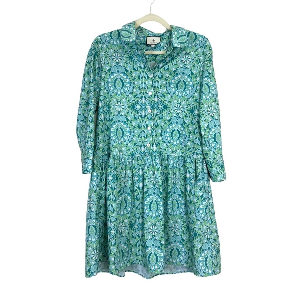 Tuckernuck Women's Shirt Dress 3/4 Sleeve Green White Size S